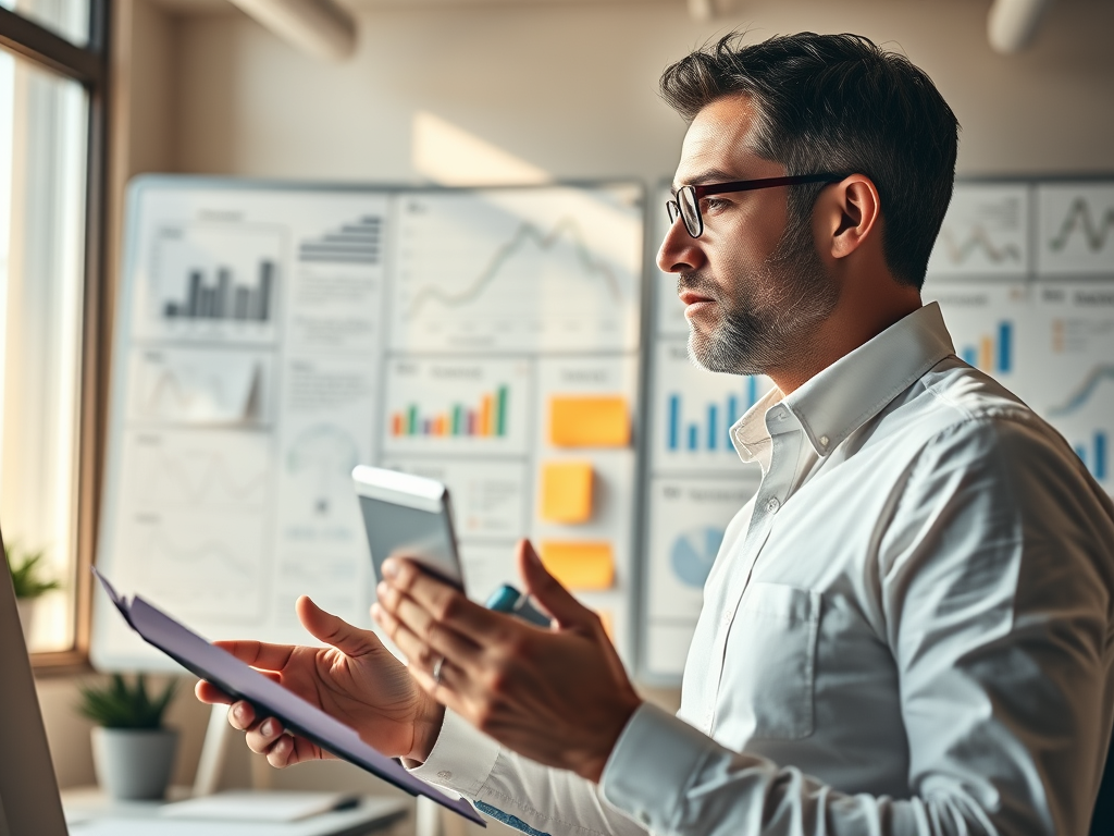 一位穿著白襯衫的男性，在辦公室中專注地使用平板電腦，背景是一面展示各種數據圖表的牆面。