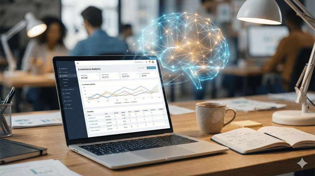 一台筆記型電腦顯示電子商務分析界面，旁邊有一杯咖啡和一本筆記本，背景中有多人在辦公室工作，頭頂出現一個發光的腦部圖形，象徵數據分析和智能科技。