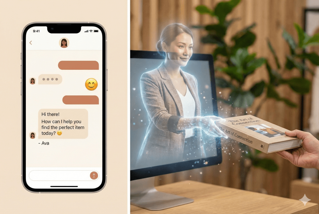 一部手機顯示聊天記錄，對話者詢問如何幫助找到理想的物品。旁邊是一個虛擬人物從電腦螢幕中伸出手，向一個人遞交一本書，書名是《連結的藝術》。