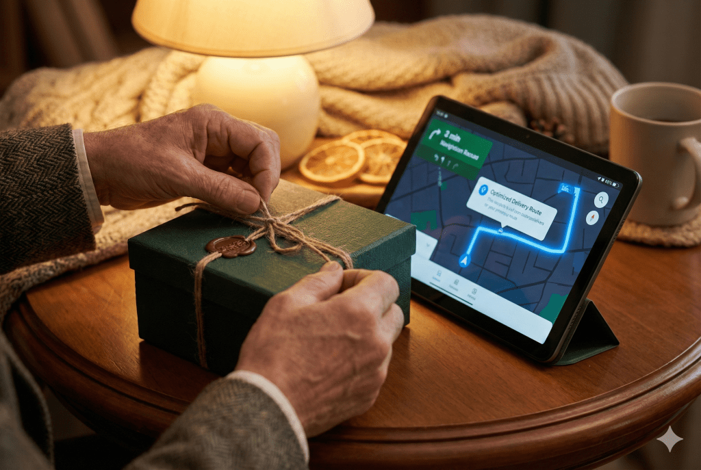 一隻手正在打開一個綁著繩結的綠色禮物盒，旁邊是一台平板電腦，顯示著優化的配送路線地圖。
