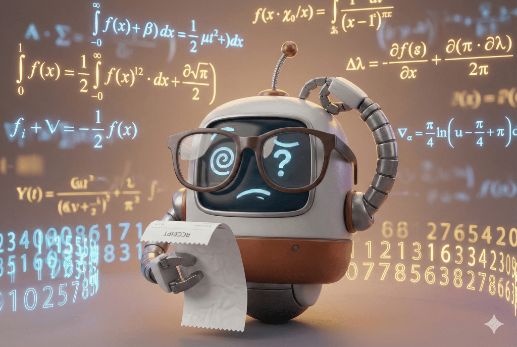 一個戴著眼鏡的機器人看著數學公式,表情困惑,手上拿著收據,背景是複雜的數學公式和數字。