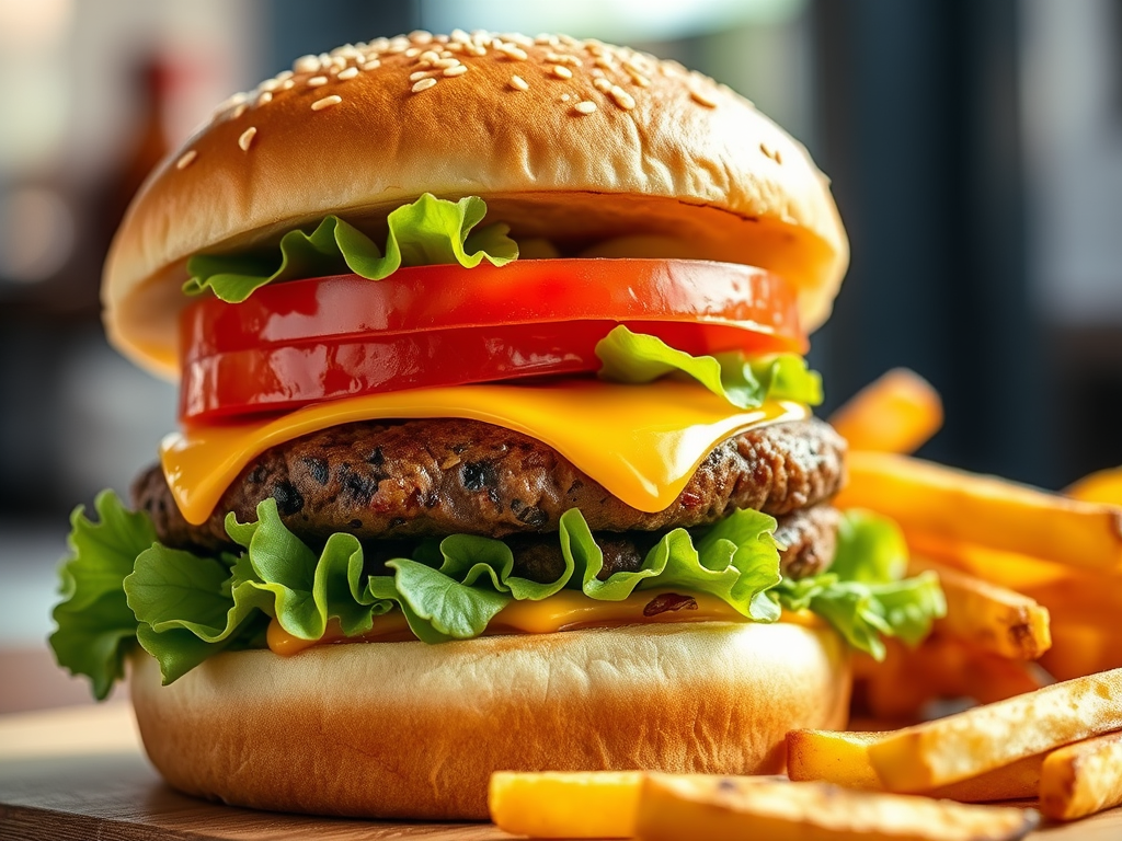 一個美味的漢堡，上層有芝麻麵包、莴苣、番茄片、芝士和一塊肉餅，旁邊有一份薯條