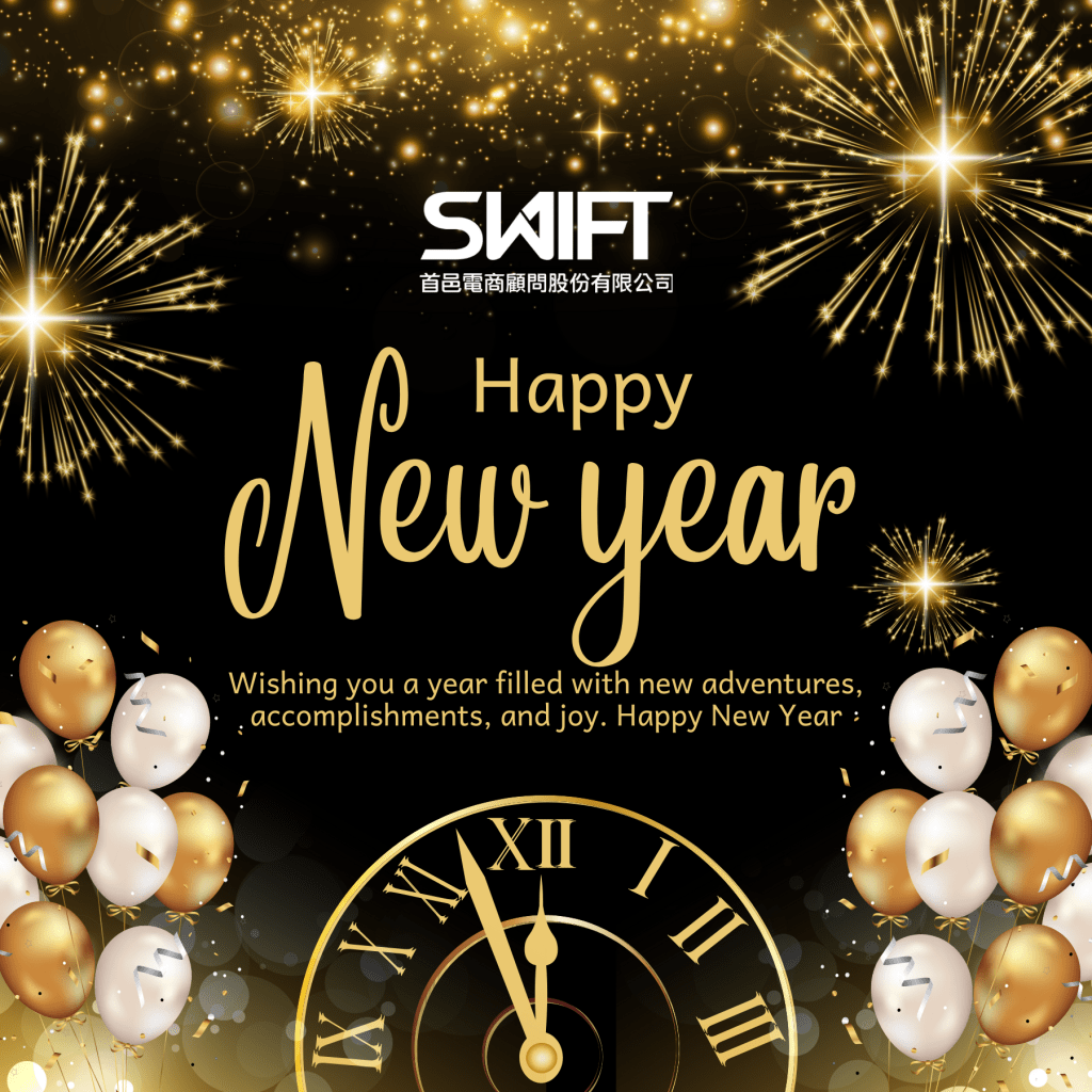 A festive New Year greeting card featuring the text 'Happy New Year' in elegant gold lettering, surrounded by balloons in white, gold, and a clock showing close to midnight. The background is decorated with fireworks and sparkling stars, conveying a celebratory atmosphere.