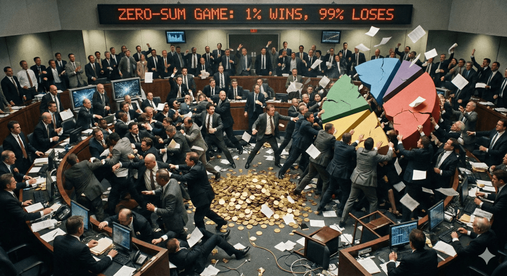 一個繁忙的交易所場景,男性交易員在激烈地爭吵,周圍散落著紙張和金幣,一個多彩的圓餅圖正在被毀壞,顯示出零和遊戲的標題。