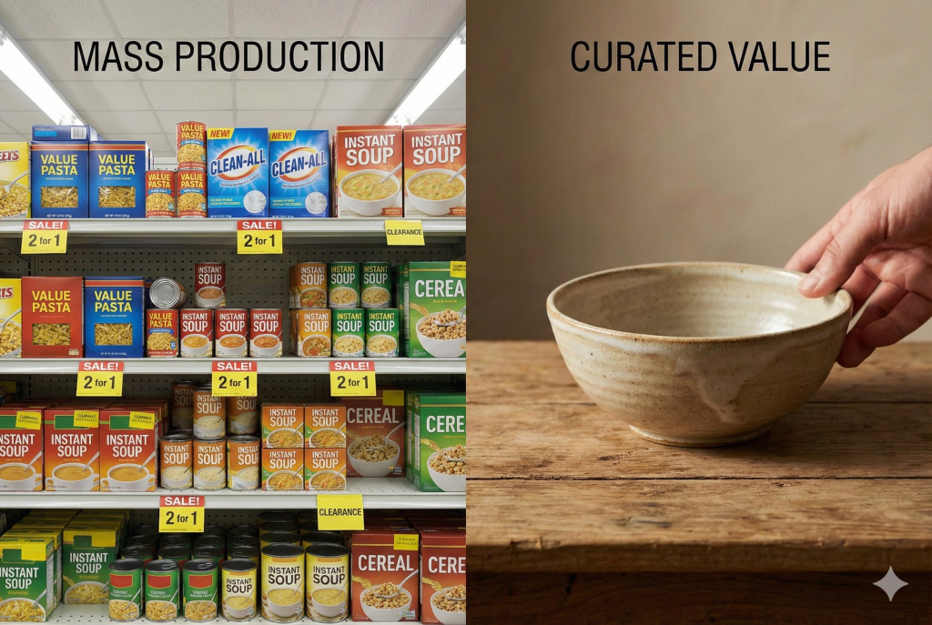左側展示大規模生產的食品，如即食麵和速食湯; 右側展示精選價值的陶土碗，手正在握著碗。