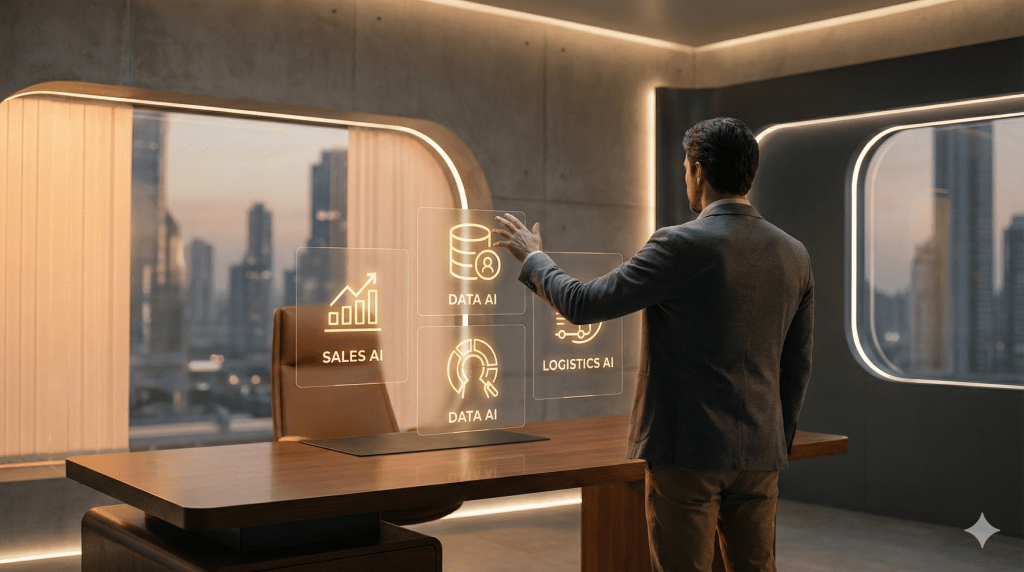 一位男性站在現代辦公室中，透過透明的觸控螢幕操作顯示不同的人工智慧選項，包括銷售、數據和物流。窗外可見城市景觀。