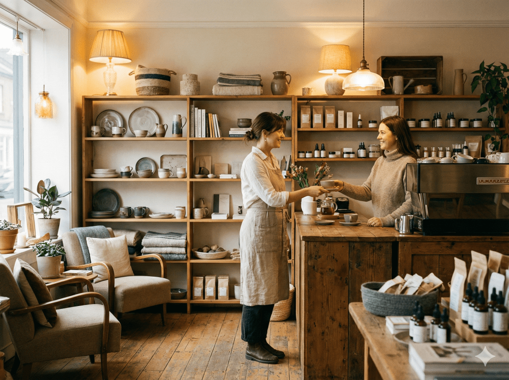 一間溫馨的咖啡店內，兩位女性正在交談並互相遞交飲品，背景是擺滿各種商品的木架和舒適的座椅。