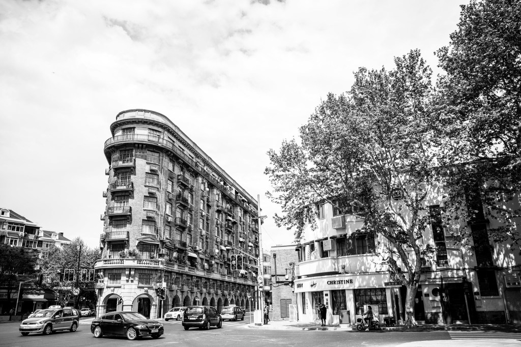 一棟古典風格建築邊的街道景觀，配有樹木和交通汽車，採黑白色調