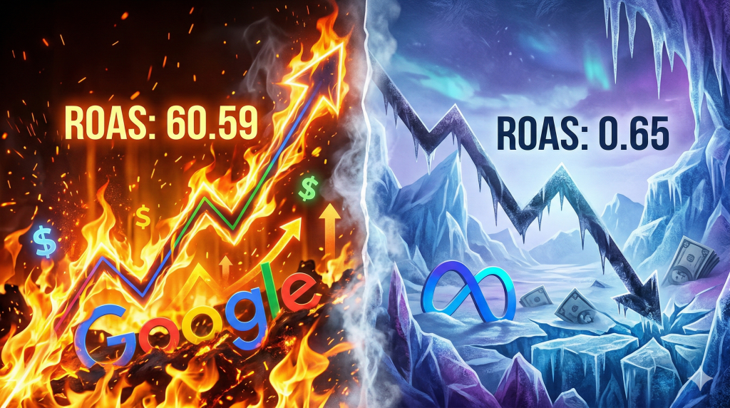 冰與火之歌：對應 AI 顧問分析的比喻，將 Google 的高成效與 Meta 的虧損進行強烈視覺對比。