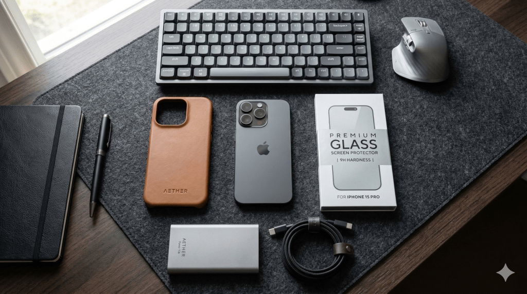 桌面上擺放有一個鍵盤、一隻滑鼠、一部iPhone 15 Pro以及其皮革手機殼和螢幕保護貼，旁邊有一本筆記本和一支原子筆。