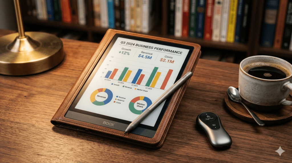 一台顯示商業績效報告的平板電腦，螢幕上有圖表和數據，旁邊有咖啡杯和遙控器，背景是書架。