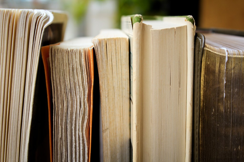 一排書籍的側面,顯示不同顏色和厚度的書頁