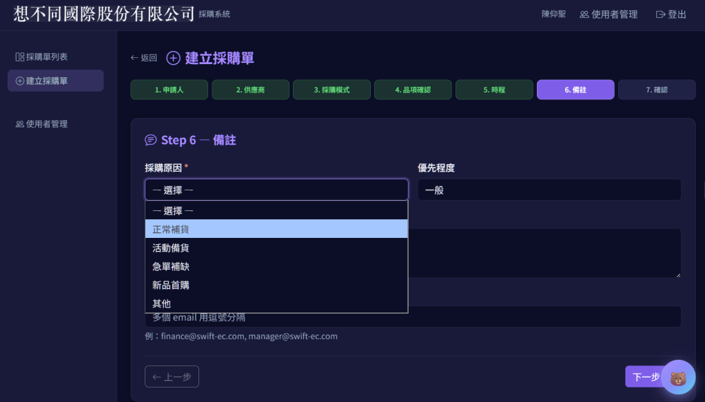 顯示建立採購單的界面，包含步驟6的備註區域，選擇採購原因和優先程度的下拉選單。